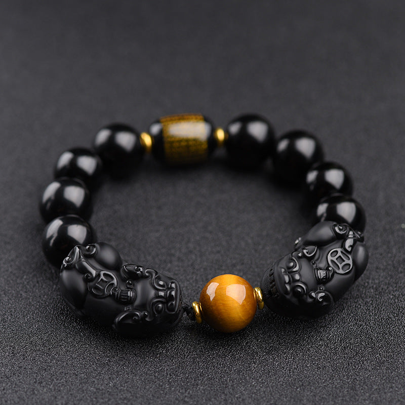Obsidian Pixiu Bracelet with Yellow beads