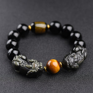 Obsidian Pixiu Bracelet with Yellow beads