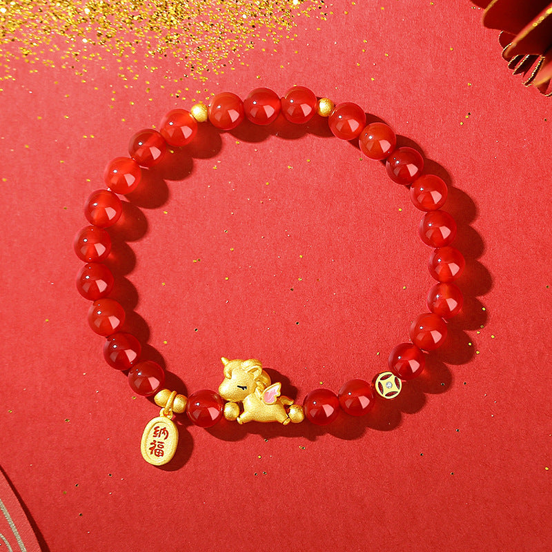 Red Agate Gold Plated Year of the Horse Beaded Love and Luck Bracelet