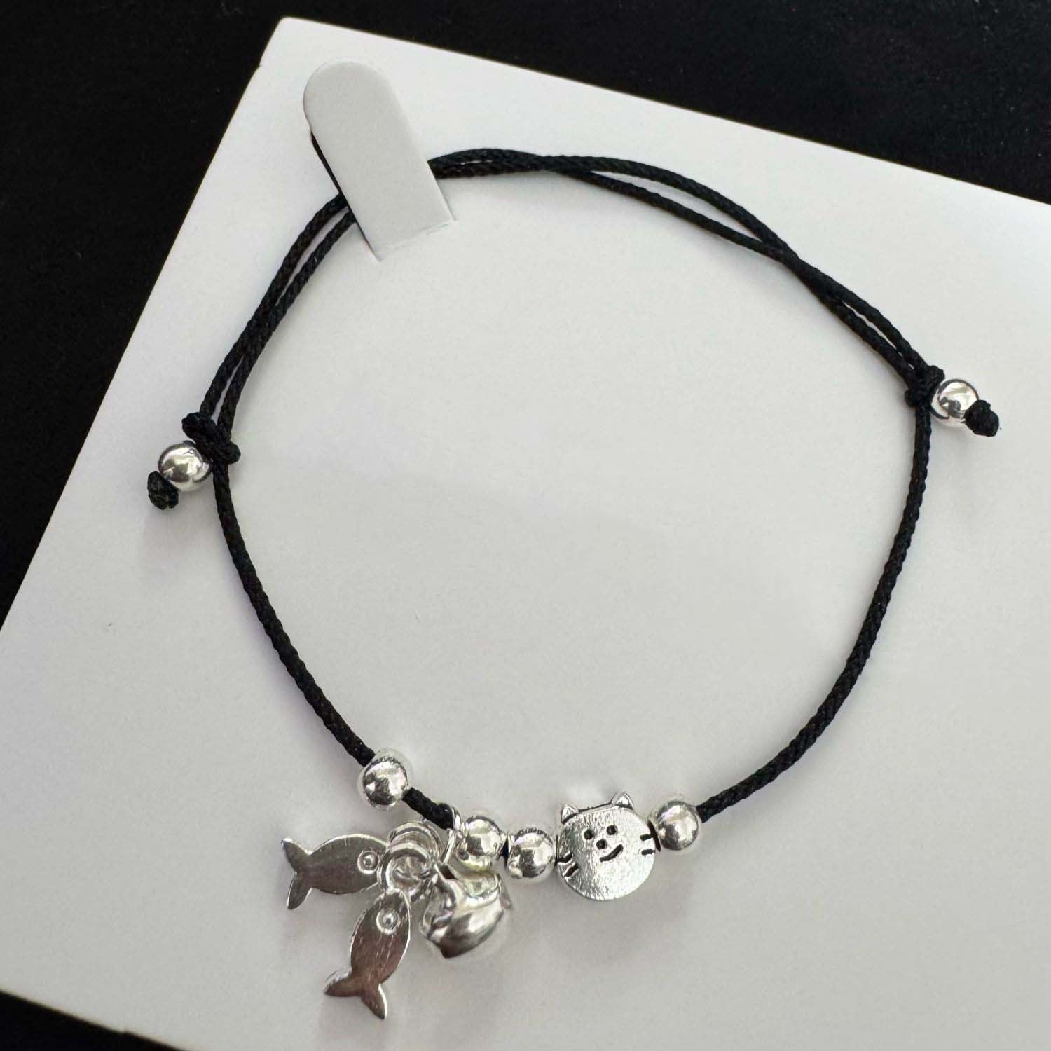 Red String Cute Cat & Fish Silver Bead Love and Luck Bracelet