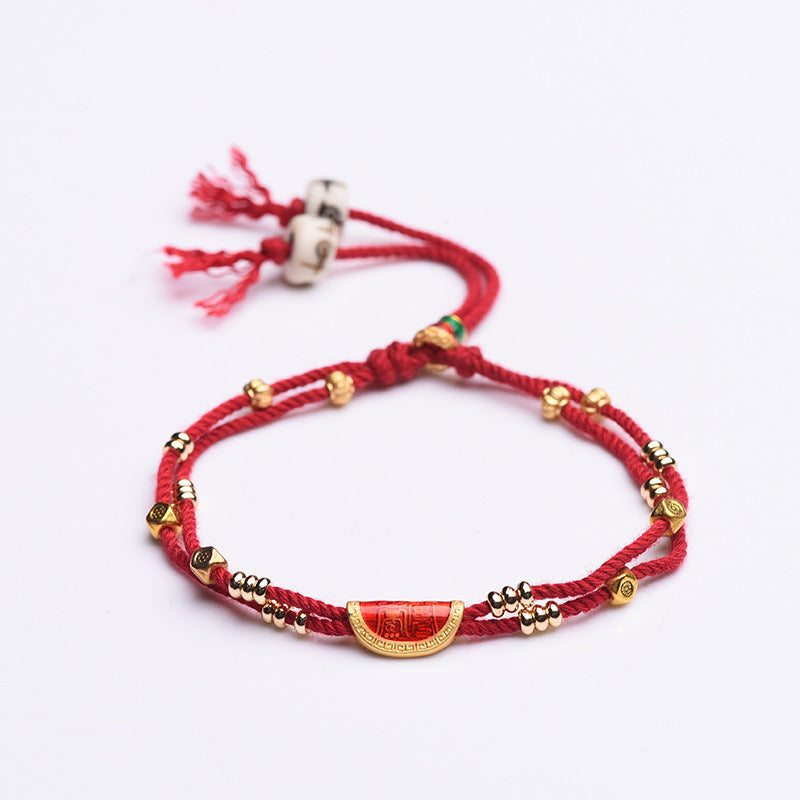 Red String Protection Bracelet with Gold Cinnabar without background