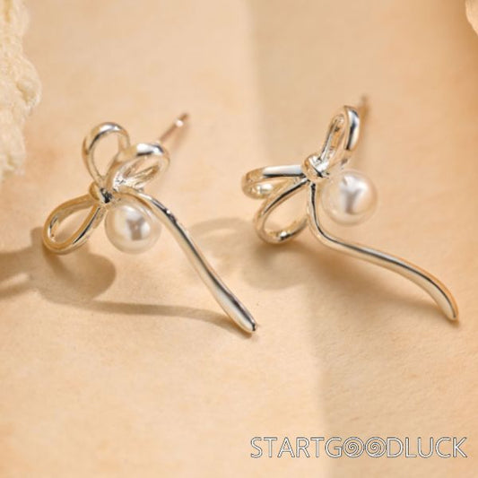 Ribbon Bow Earrings |Ribbon Earrings | Silver Pearl Drop Earrings