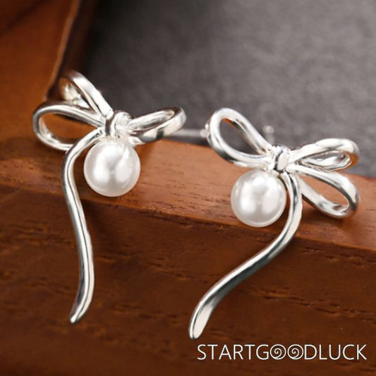 Ribbon Bow Earrings |Ribbon Earrings | Silver Pearl Drop Earrings