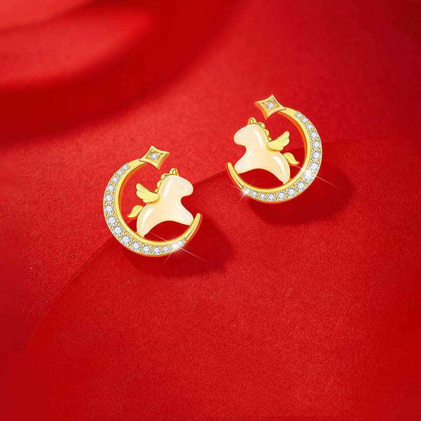 S925 Silver Jade Dream-themed Star and Moon Horse Balance and Harmony Earrings