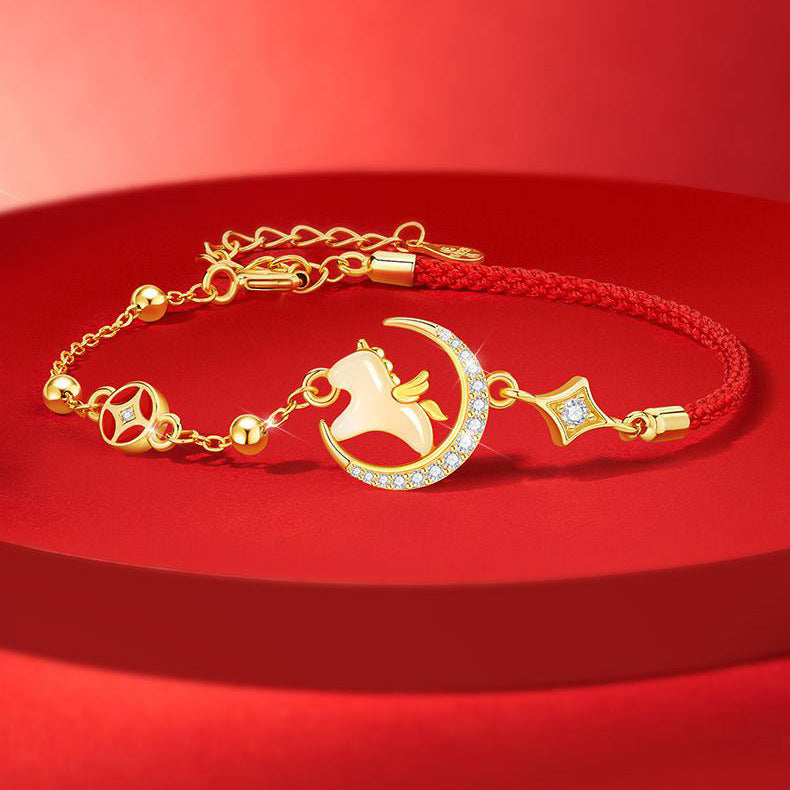 S925 Silver Red Rope Jade Dreaming of Horses Love and Luck Bracelet