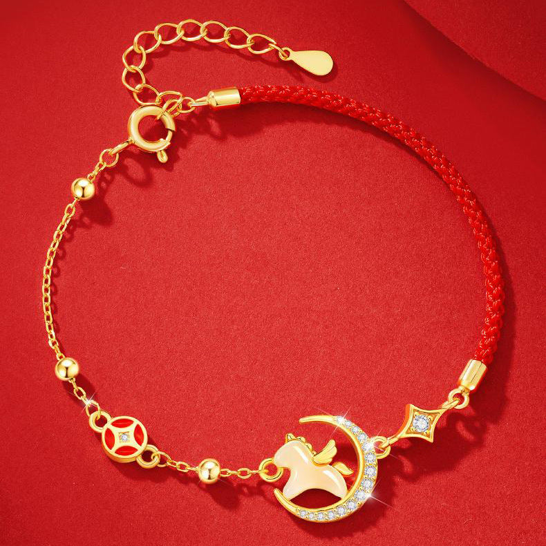 S925 Silver Red Rope Jade Dreaming of Horses Love and Luck Bracelet