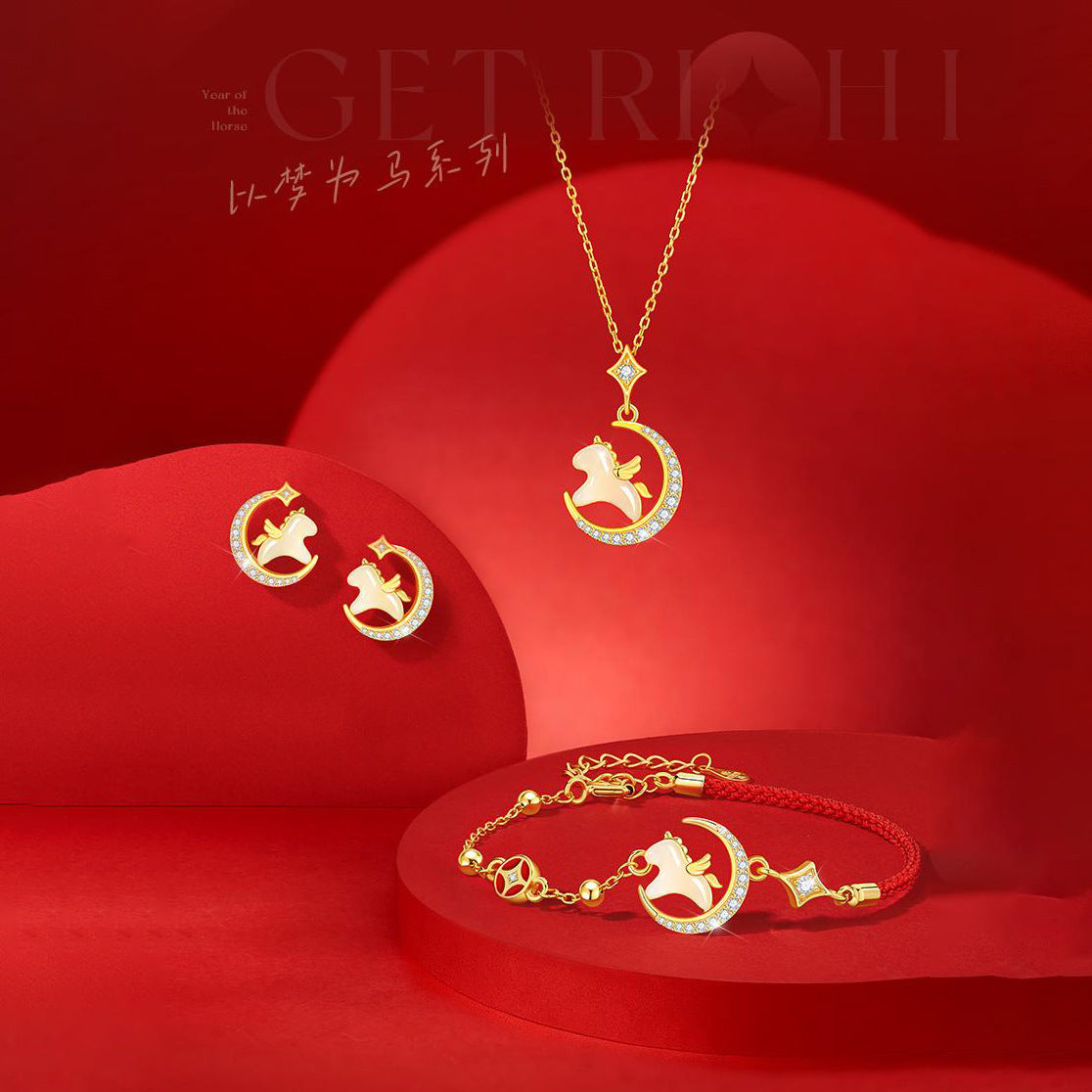 S925 Silver Red Rope Jade Dreaming of Horses Love and Luck Bracelet