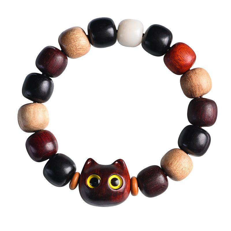 Sandalwood Carved Cat Head Multi-Gemstone Wooden Beads Peace and Tranquility Bracelet 