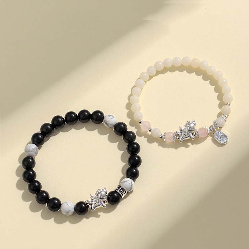 Silver Horse Year Natural Obsidian Rose Crystal Courage and Strength Couple Bracelet