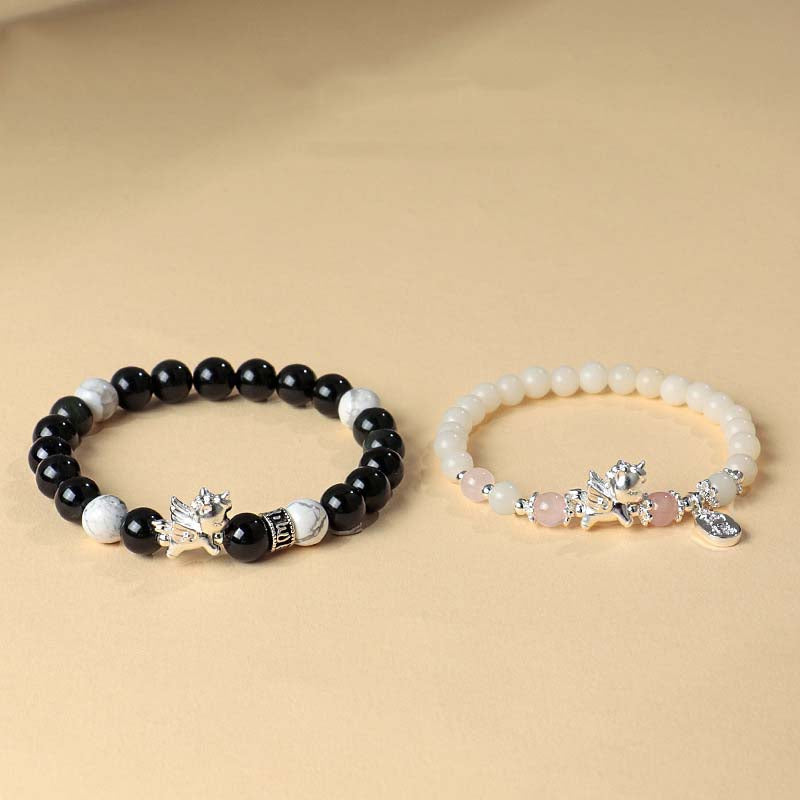 Silver Horse Year Natural Obsidian Rose Crystal Courage and Strength Couple Bracelet