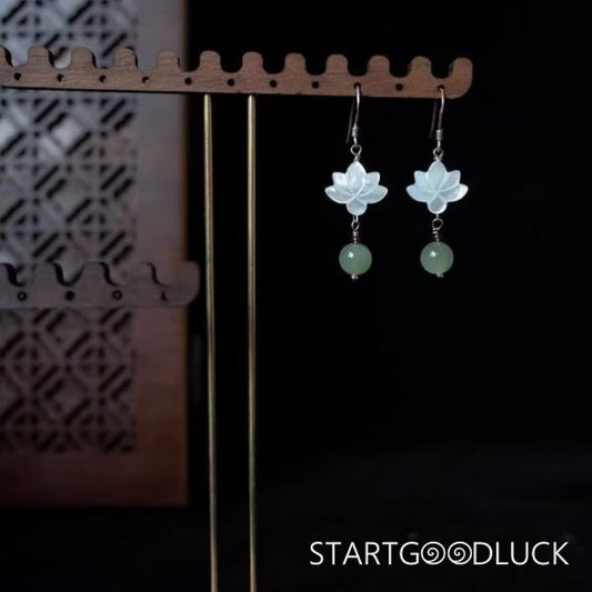 Silver Lotus With Jade Ball Earrings | Chinese Style Goodluck Earrings