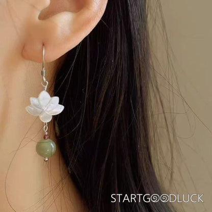 Silver Lotus With Jade Ball Earrings | Chinese Style Goodluck Earrings