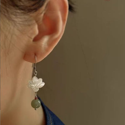 Silver Lotus With Jade Ball Earrings | Chinese Style Goodluck Earrings