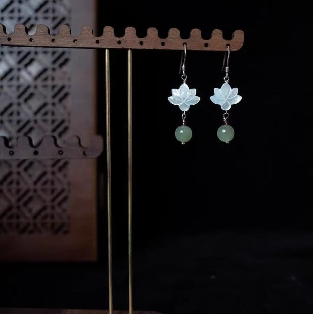 Silver Lotus With Jade Ball Earrings | Chinese Style Goodluck Earrings