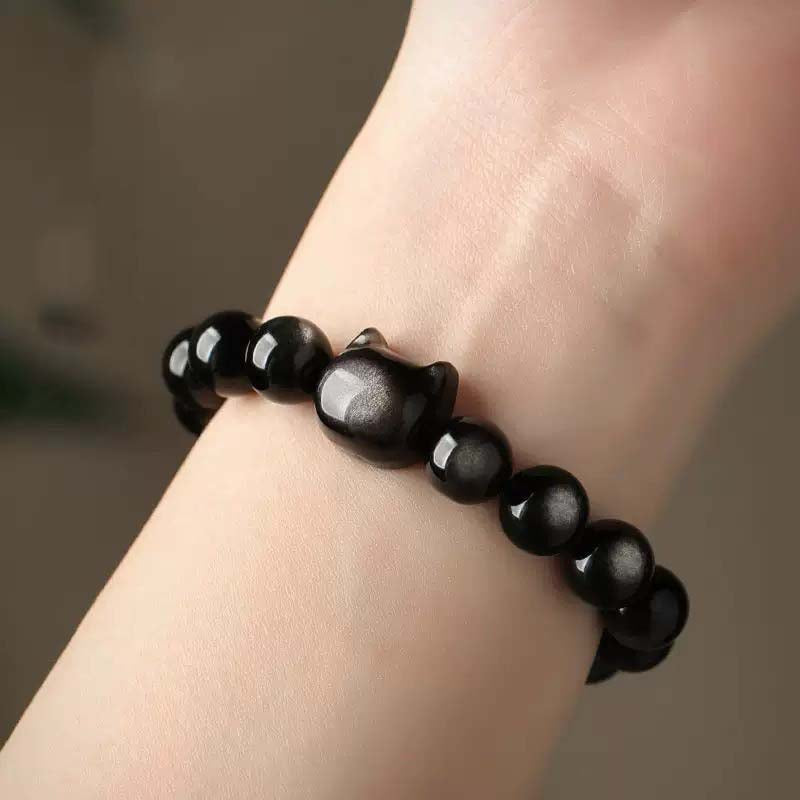 Silver Obsidian Beaded Courage and Strength Bracelet For Men and Women