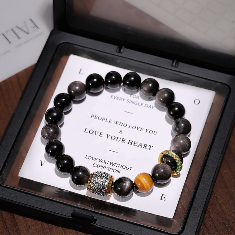 Silver Obsidian Bracelet with Tiger’s Eye for Strength and Confidence