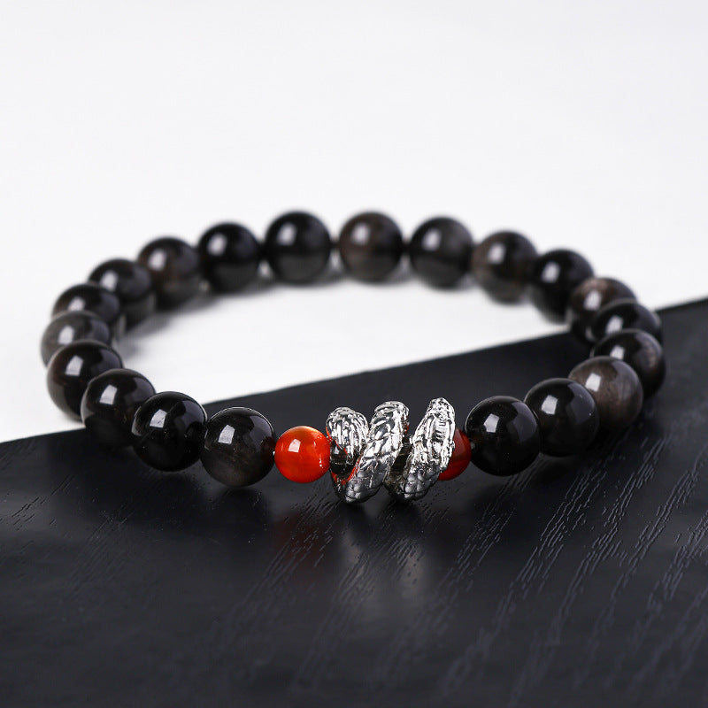 Men’s Silver Obsidian Bracelet with red bead