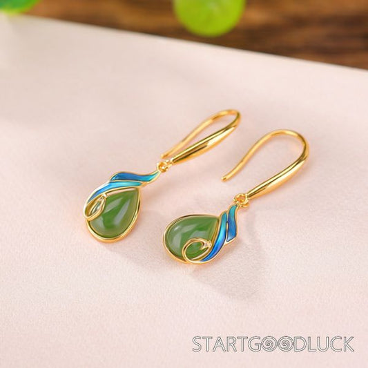 Sterling Silver S925 Water Drop Earrings | Natural Jade Earrings | Chinese Style Earrings