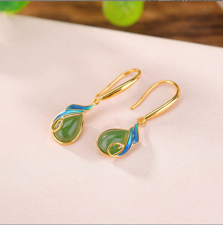 Sterling Silver S925 Water Drop Earrings | Natural Jade Earrings | Chinese Style Earrings
