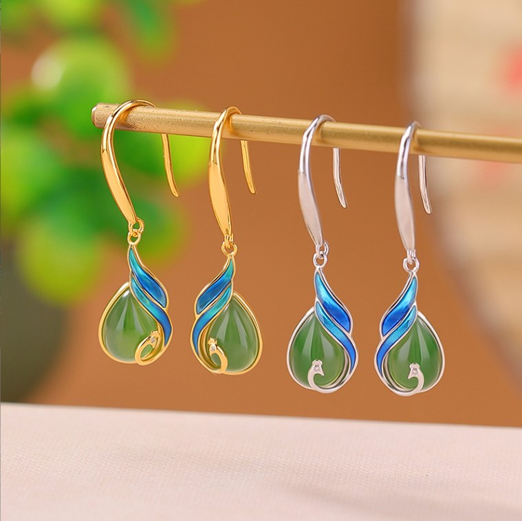 Sterling Silver S925 Water Drop Earrings | Natural Jade Earrings | Chinese Style Earrings