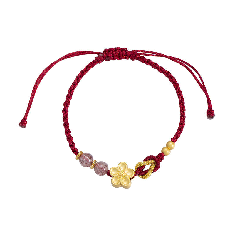 Strawberry Crystal Bracelet Peach Blossom charm Handmade Woven Hand Red Rope 