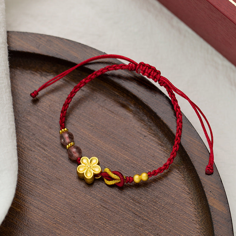 Strawberry Crystal Bracelet Peach Blossom charm Handmade Woven Hand Red Rope 