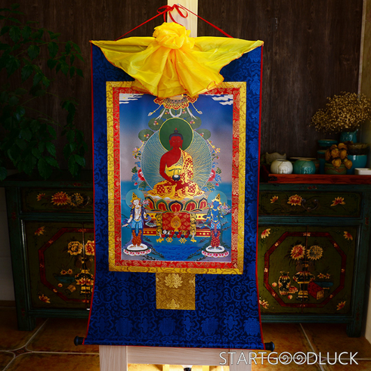 Thangka Painting | Embroidered Amitabha Buddha on Lotus Throne: Western Pure Land & Compassionate Liberation