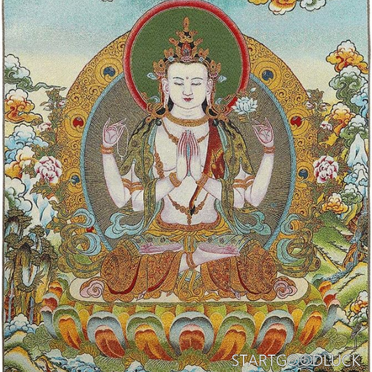 Thangka Painting | Embroidered Four-Armed Avalokiteshvara on Lotus Throne: Compassion & Wisdom