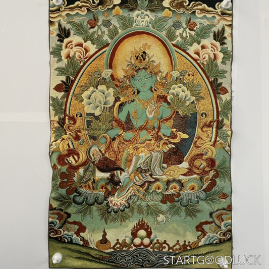 Thangka Painting | Embroidered Green Tara on Lotus Throne: Protection & Healing