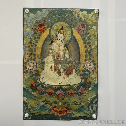 Thangka Painting | Embroidered Guanyin on Elephant Throne: Compassion & Protection