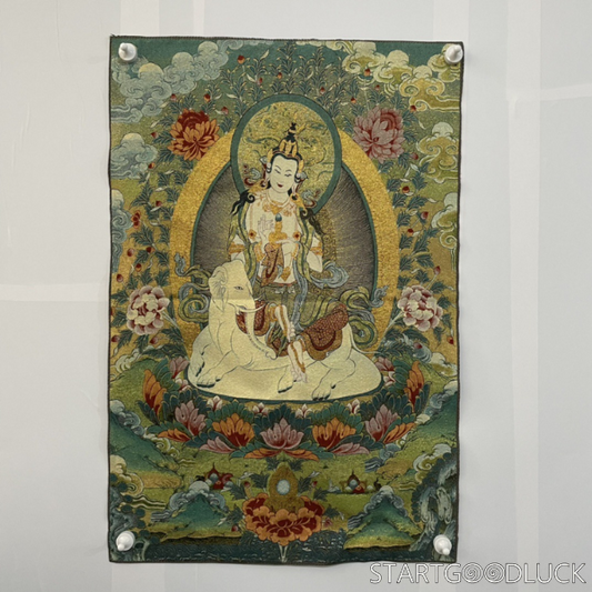 Thangka Painting | Embroidered Guanyin on Elephant Throne: Compassion & Protection