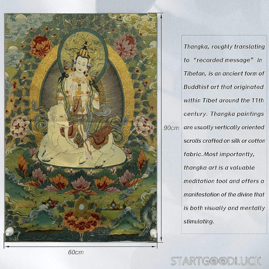 Thangka Painting | Embroidered Guanyin on Elephant Throne: Compassion & Protection
