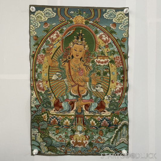 Thangka Painting | Embroidered Manjushri on Lotus Throne: Wisdom & Enlightenment