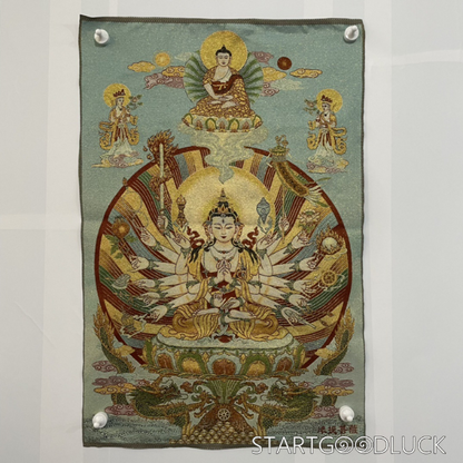 Thangka Painting | Embroidered Thousand-Hand Avalokiteshvara on Lotus Throne: Compassion & Protection