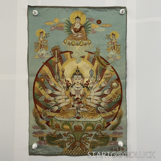 Thangka Painting | Embroidered Thousand-Hand Avalokiteshvara on Lotus Throne: Compassion & Protection
