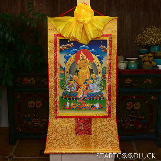Thangka Painting | Embroidered Yellow Jambhala & Vaishravana: Wealth & Prosperity