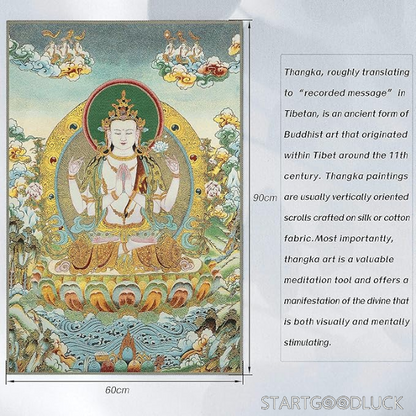 Thangka Painting | Embroidered Four-Armed Avalokiteshvara on Lotus Throne: Compassion & Wisdom