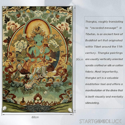 Thangka Painting | Embroidered Green Tara on Lotus Throne: Protection & Healing