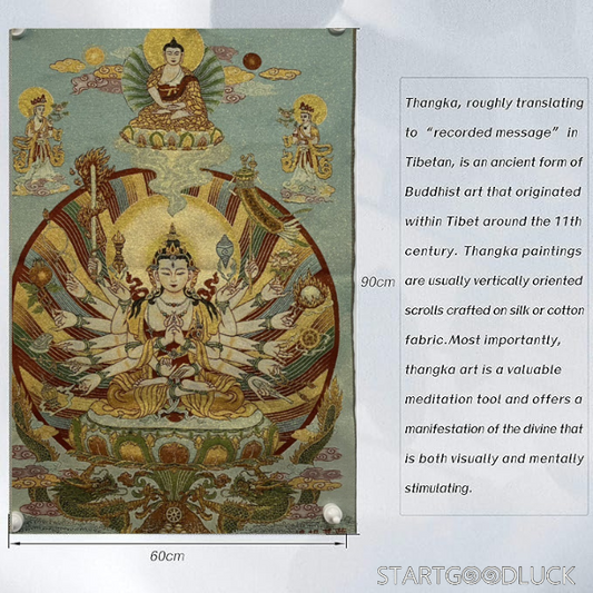 Thangka Painting | Embroidered Thousand-Hand Avalokiteshvara on Lotus Throne: Compassion & Protection