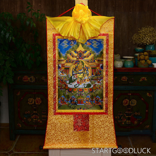 Thangka Painting | Embroidered Yellow Jambhala & Vaishravana: Wealth & Prosperity