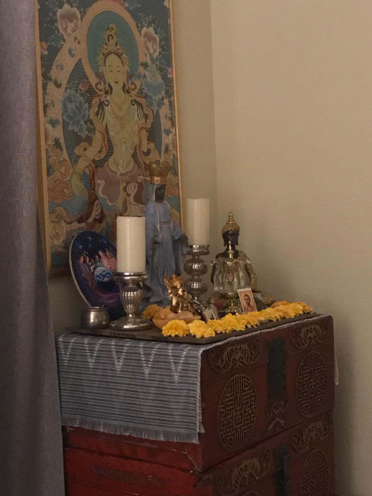 Thangka Painting | Embroidered Four-Armed Avalokiteshvara on Lotus Throne: Compassion & Wisdom