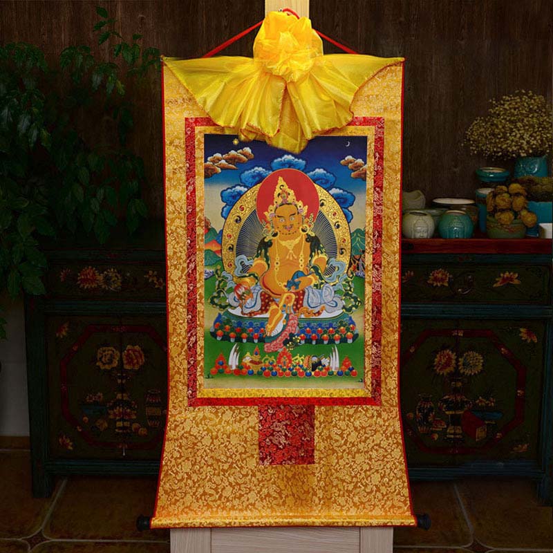 Thangka Painting | Embroidered Yellow Jambhala & Vaishravana: Wealth & Prosperity