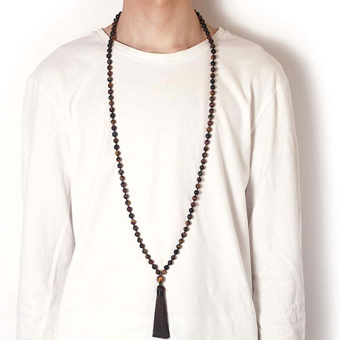 Tibetan 108 - Bead Three - Color Tiger’s Eye & Obsidian Mala Necklace: Ward Off Negativity, Attract Fortune