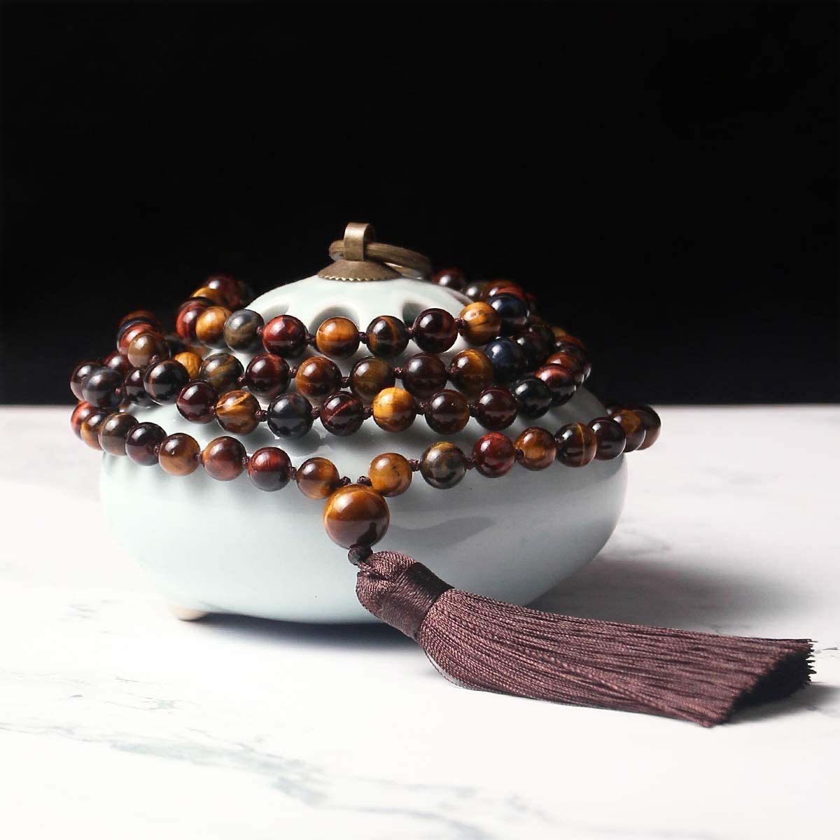 Tibetan 108 - Bead Three - Color Tiger’s Eye & Obsidian Mala Necklace: Ward Off Negativity, Attract Fortune