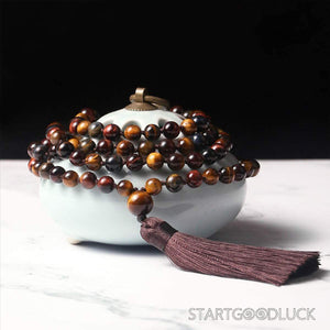Tibetan 108 - Bead Three - Color Tiger’s Eye & Obsidian Mala Necklace: Ward Off Negativity, Attract Fortune - StartGoodLuck