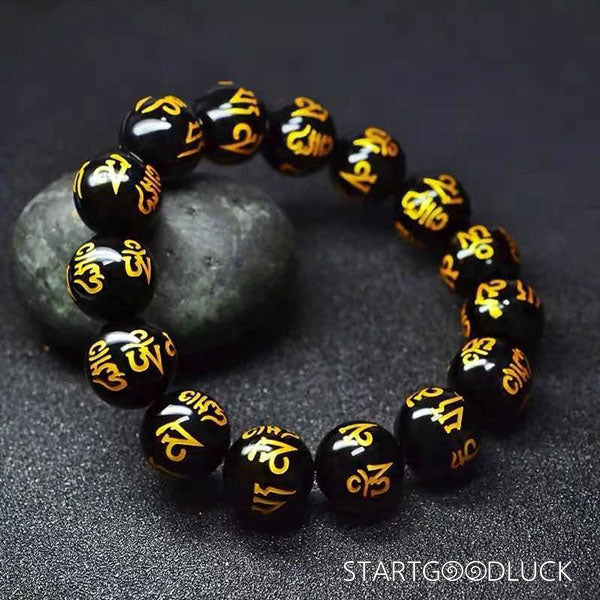 Tibetan Black Onyx Six - Syllable Mantra Bracelet: Ideal for Meditation and Gifting - StartGoodLuck