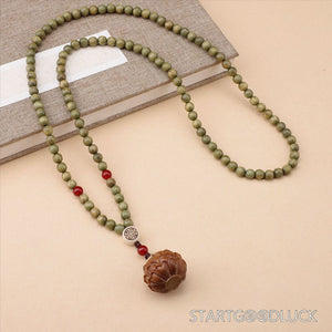 Tibetan Buddhist 108-Bead Green Sandalwood Mala Necklace with Lotus Sachet – Calm Mind & Healing - StartGoodLuck