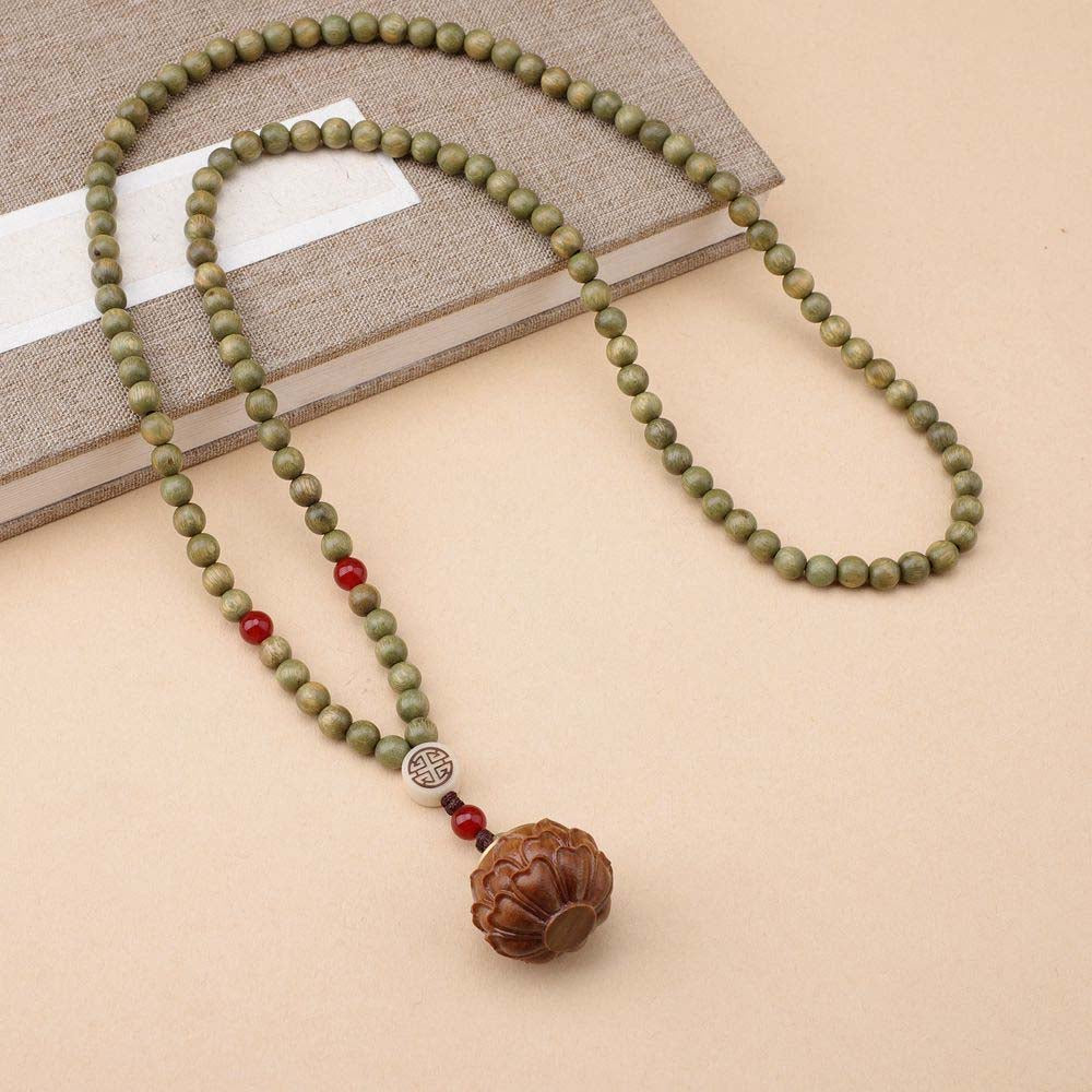 Tibetan Buddhist 108-Bead Green Sandalwood Mala Necklace with Lotus Sachet – Calm Mind & Healing