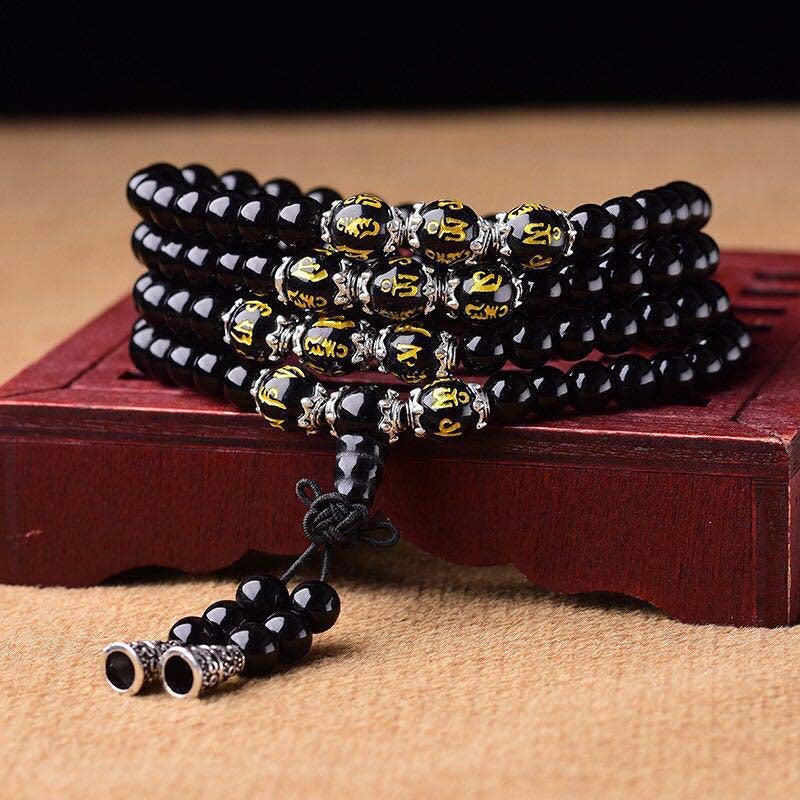 Tibetan Buddhist 108 - Bead Obsidian Mala with Six - Syllable Mantra: Purify Energy, Awaken Compassion