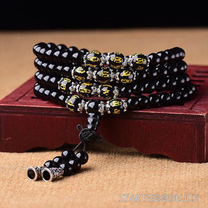 Tibetan Buddhist 108 - Bead Obsidian Mala with Six - Syllable Mantra: Purify Energy, Awaken Compassion - StartGoodLuck